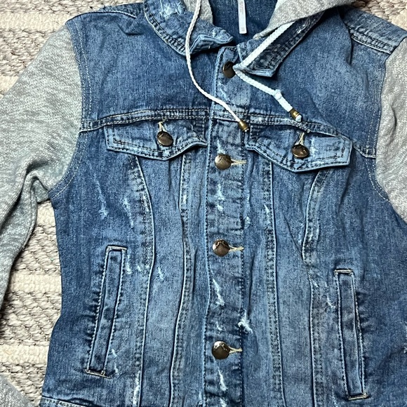Free People Blue Denim Jacket with Gray Knit Accents - Picture 2 of 10